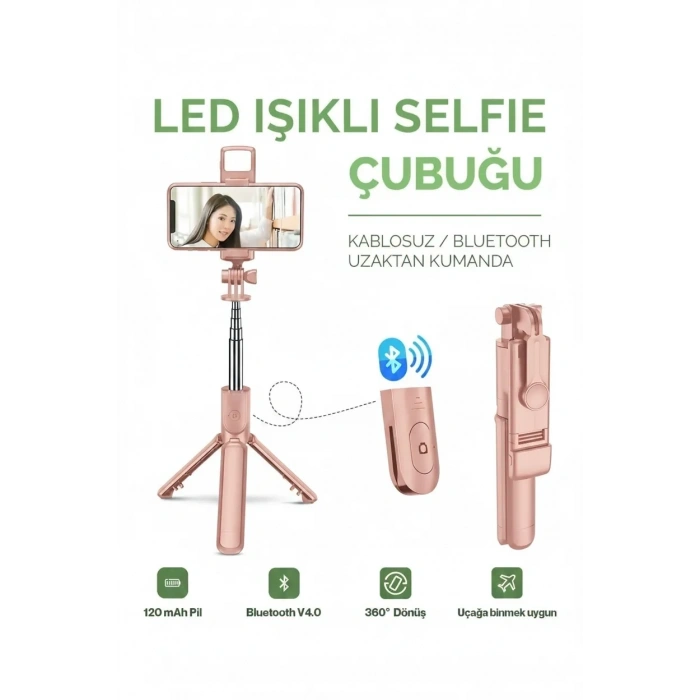 Led Işıklı Selfie Çubuğu Bluetooth Kumandalı Kablosuz Tripot Selfie Monopod Selfie Stick (pembe)