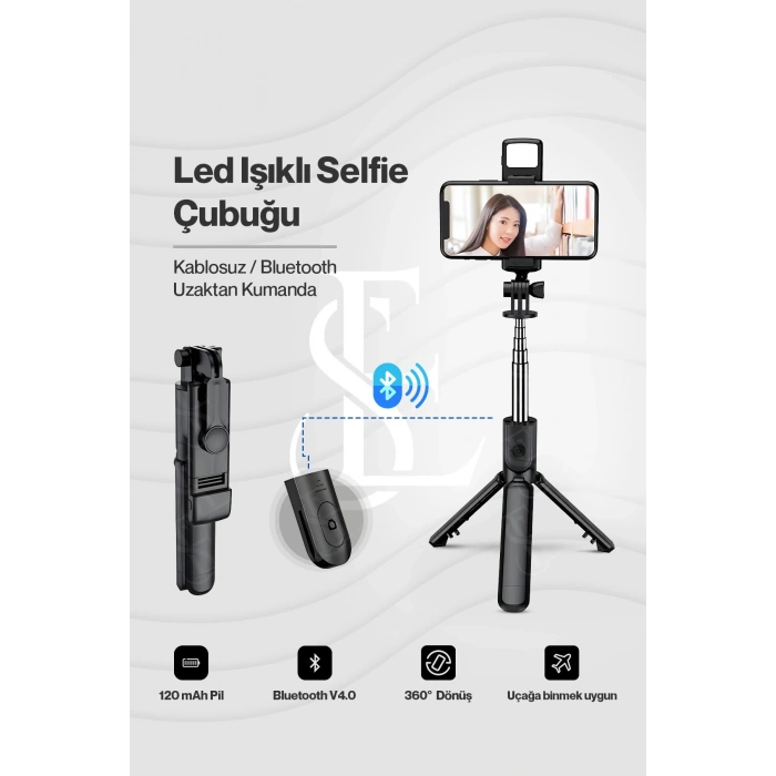 Led Işıklı Selfie Çubuğu Bluetooth Kumandalı Kablosuz Tripot Selfie Monopod Selfie Stick Siyah
