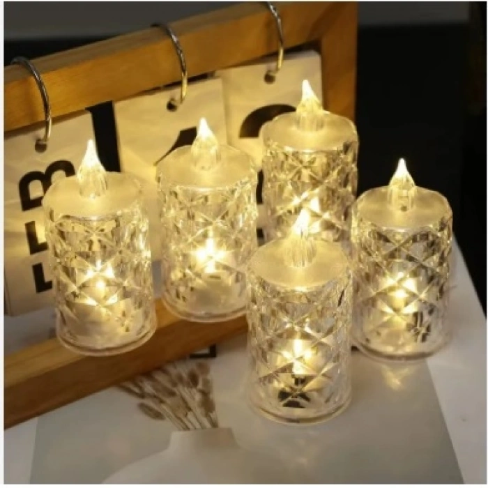 Led Mum Şeffaf Kristal LED Mum Pilli Alevsiz Çay Mumu Düğün Doğum Günü Ortam Işığı Midi (599)