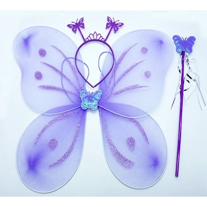 Lila Mor Kelebek Kız Seti – 50 Cm Kelebek Kanadı, Taç Ve Asa
