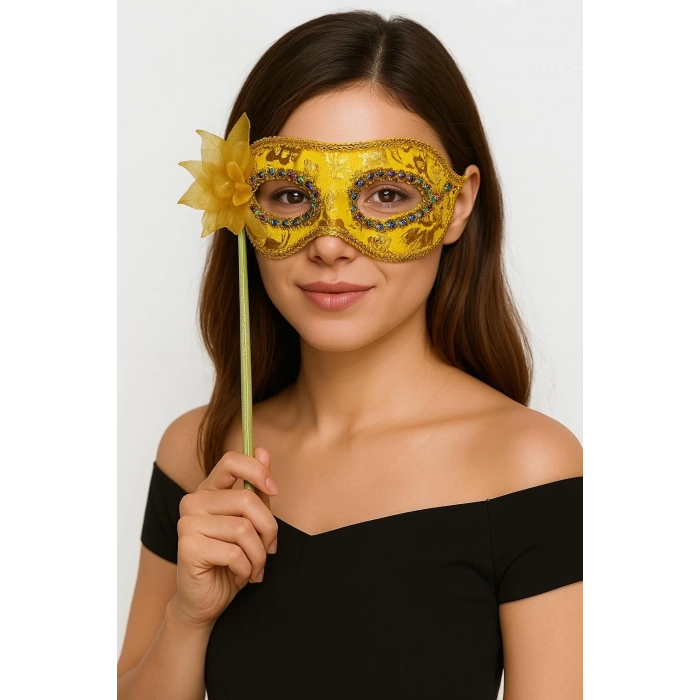 Lüks Taşlı Saplı Maskeli Balo Maskesi Altın Renk 35 Cm