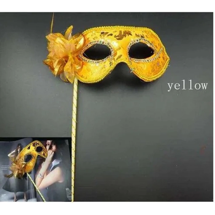 Lüks Taşlı Saplı Maskeli Balo Maskesi Altın Renk 35 Cm