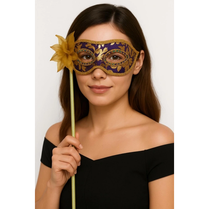 Lüks Taşlı Saplı Maskeli Balo Maskesi Mor Renk 35 Cm