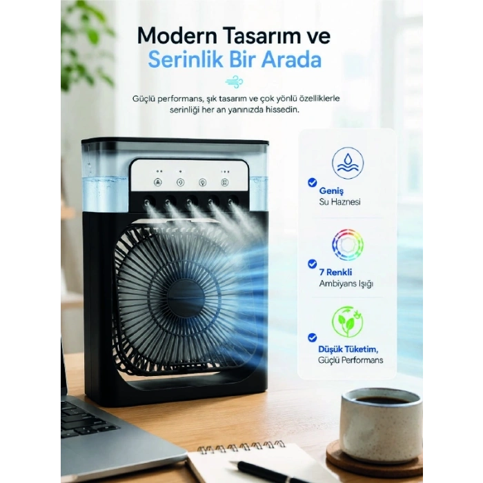 Masaüstü Püskürtmeli Serinletici Fan 5 Sisleme, 3 Fan Hızı, 7 Renk Ambiyans Işığı