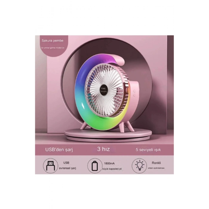 Masaüstü Vantilatör Usb Şarjlı Rgb Led Işıklı 3 Kademeli 180° Ayarlanabilir Soğutucu Fan Pembe