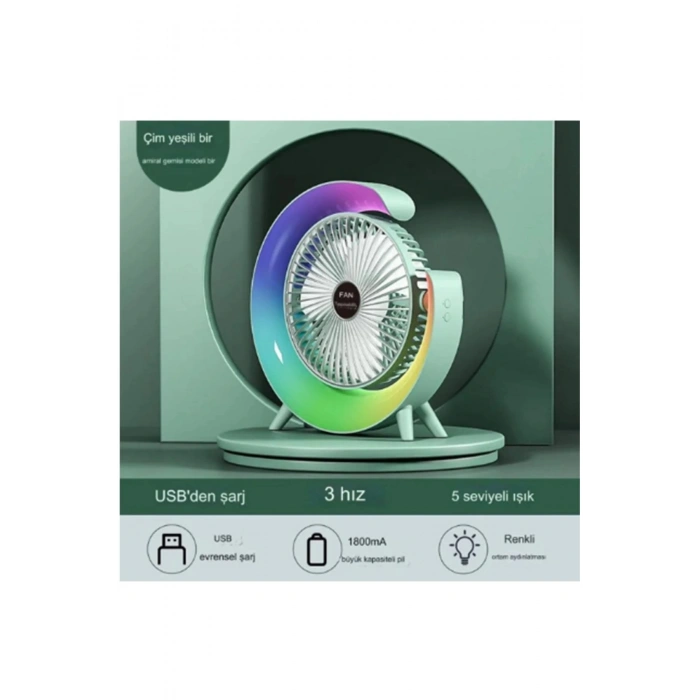 Masaüstü Vantilatör Usb Şarjlı Rgb Led Işıklı 3 Kademeli 180° Ayarlanabilir Soğutucu Fan Yeşil