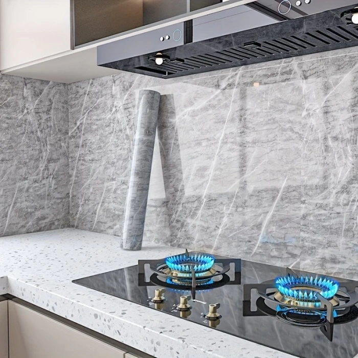 Mermer Desenli Mutfak Duvar Kağıdı Sticker - 5mx60cm Su Geçirmez, Yağa Dayanıklı, Yüksek Sıcaklığa Dayanıklı Tezgah, Dolap, Ocak Yenileme Folyosu T04