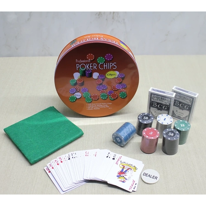 Metal Kutulu 120 Chip Ve 2 Adet İskambil  Kağit Setine Sahip Poker Oyunu Alk3535