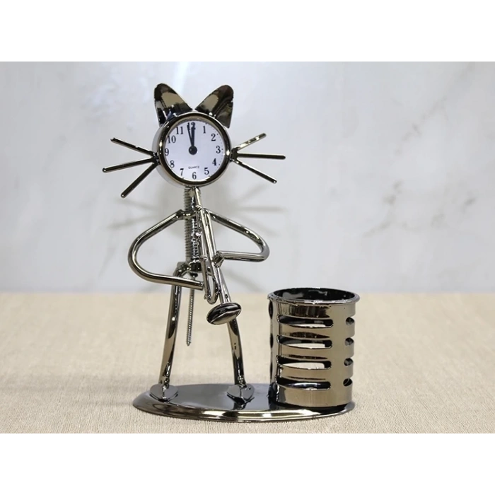 Metal Saksafon Çalan Kedi Müzisyen Saat Ve Kalemlik Alk4346