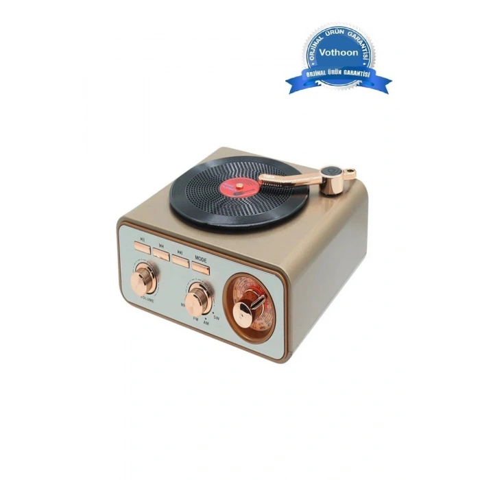 Metalik Nostaljik Tasarım Plak Çalar Görünümlü Radyolu Bluetooth Hoparlör Retro Müzik Plak