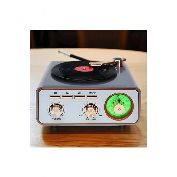 Metalik Nostaljik Tasarım Plak Çalar Görünümlü Radyolu Bluetooth Hoparlör Retro Müzik Plak