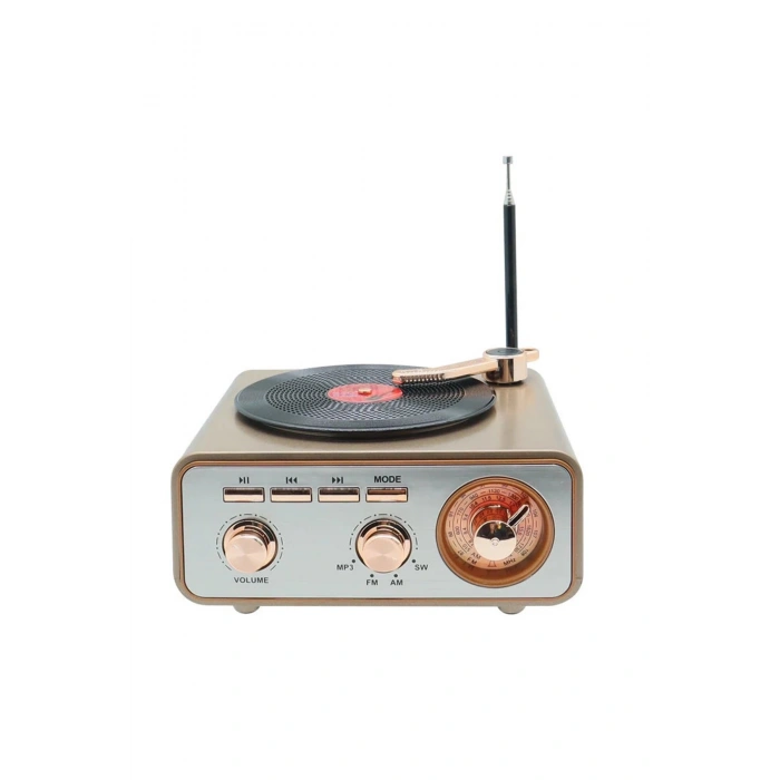 Metalik Nostaljik Tasarım Plak Çalar Görünümlü Radyolu Bluetooth Hoparlör Retro Müzik Plak