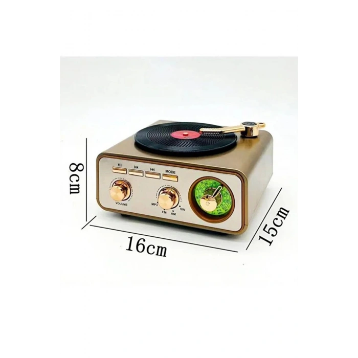 Metalik Nostaljik Tasarım Plak Çalar Görünümlü Radyolu Bluetooth Hoparlör Retro Müzik Plak