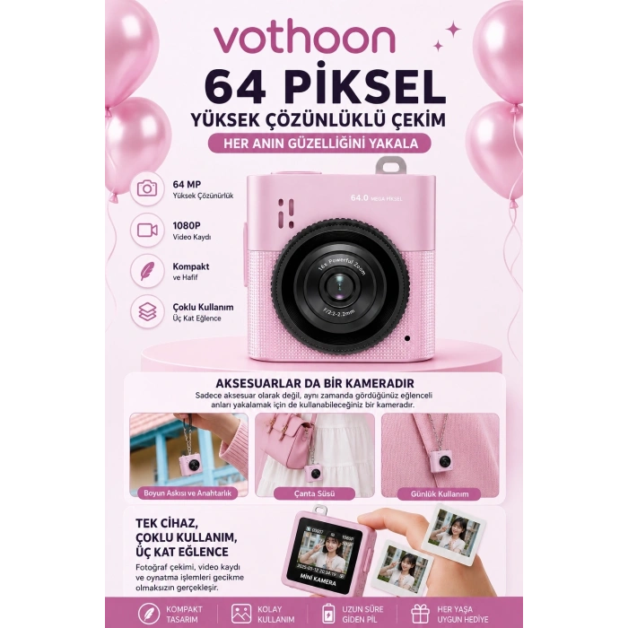 Mini Dijital Kamera 64mp 16x Digital Zoom Retro Vintage 1.4’’ekranlı Video Kamera Taşınabilir Tasarım Pembe
