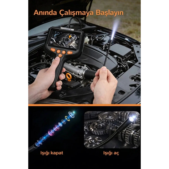 Monitörlü Tek Kameralı 10 Mt Sert Kablo Yılan Endoskop Kamera 5,5 Mm 4.3 Inc Ekran Ip67 Su Geçirmez Led Işıklı