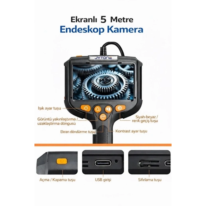 Monitörlü Tek Kameralı 5 Mt Sert Kablo Yılan Endoskop Kamera 5,5 Mm 4.3 Inc Ekran Ip67 Su Geçirmez