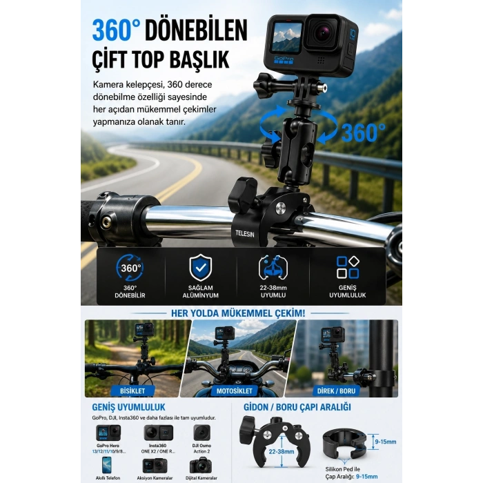 Motosiklet Bisiklet Gidon Kamera Montaj Metal Si 360° Döner Metal Tutucu