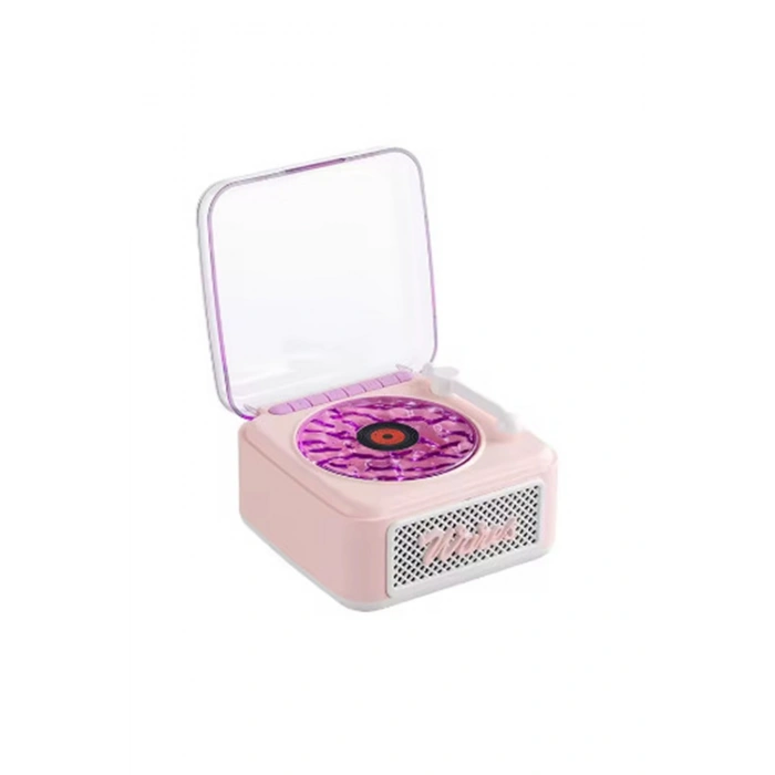 Nostalji Mini Plak Görünümlü Radyolu Bluetooth Hoparlör 3d Ses Dalgası Retro Müzik Plak Pembe
