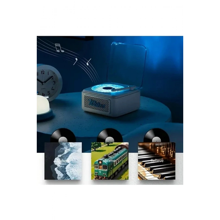 Nostalji Mini Plak Görünümlü Radyolu Bluetooth Hoparlör 3d Ses Dalgası Retro Müzik Plak Pembe