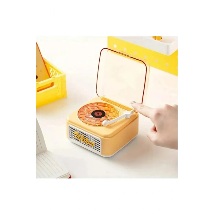 Nostalji Mini Plak Görünümlü Radyolu Bluetooth Hoparlör 3d Ses Dalgası Retro Müzik Plak Sarı