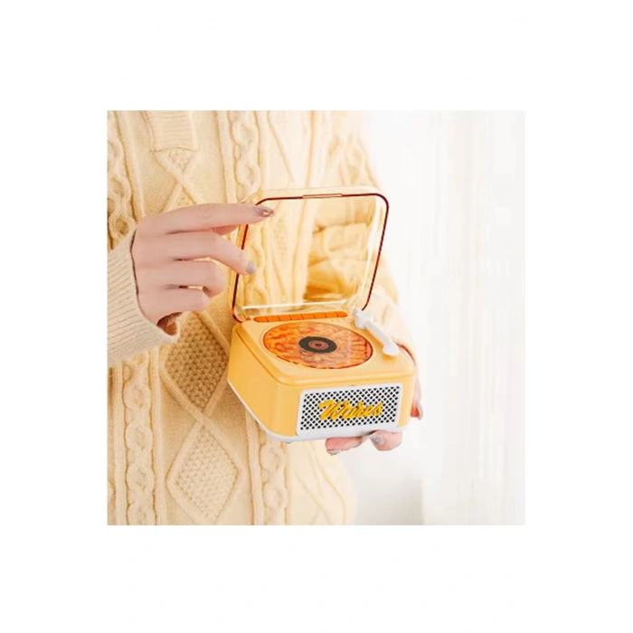 Nostalji Mini Plak Görünümlü Radyolu Bluetooth Hoparlör 3d Ses Dalgası Retro Müzik Plak Sarı