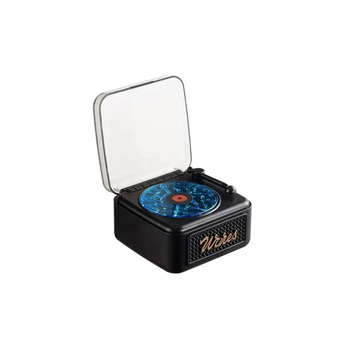 Nostalji Mini Plak Görünümlü Radyolu Bluetooth Hoparlör 3d Ses Dalgası Retro Müzik Plak Siyah