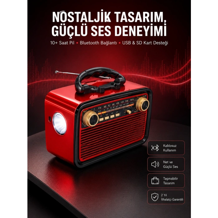Nostaljik Görünümlü Ahşap Radyo Tf Sd Usb Girişli Led Fener Işıklı