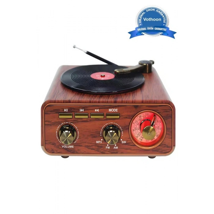 Nostaljik Tasarım Plak Çalar Görünümlü Radyolu Bluetooth Hoparlör Retro Müzik Plak