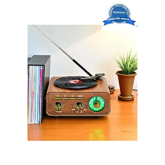 Nostaljik Tasarım Plak Çalar Görünümlü Radyolu Bluetooth Hoparlör Retro Müzik Plak Açık Kahverengi