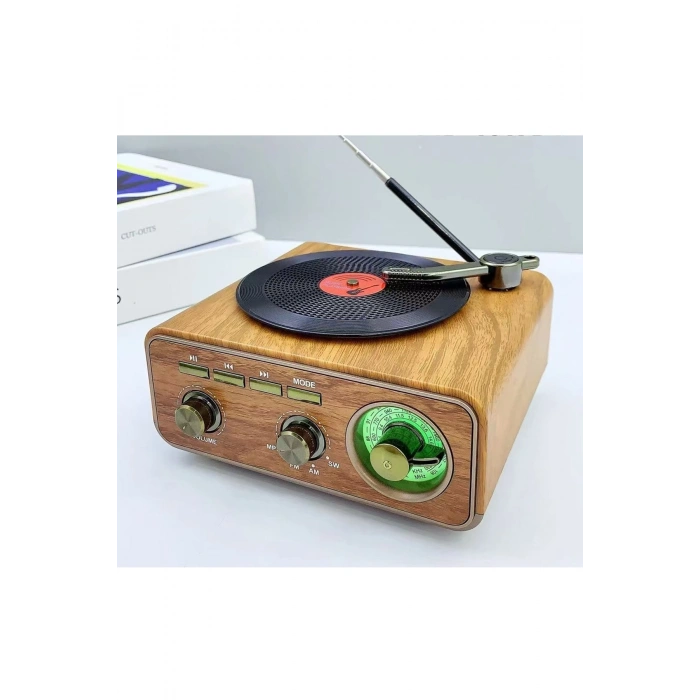 Nostaljik Tasarım Plak Çalar Görünümlü Radyolu Bluetooth Hoparlör Retro Müzik Plak Açık Kahverengi