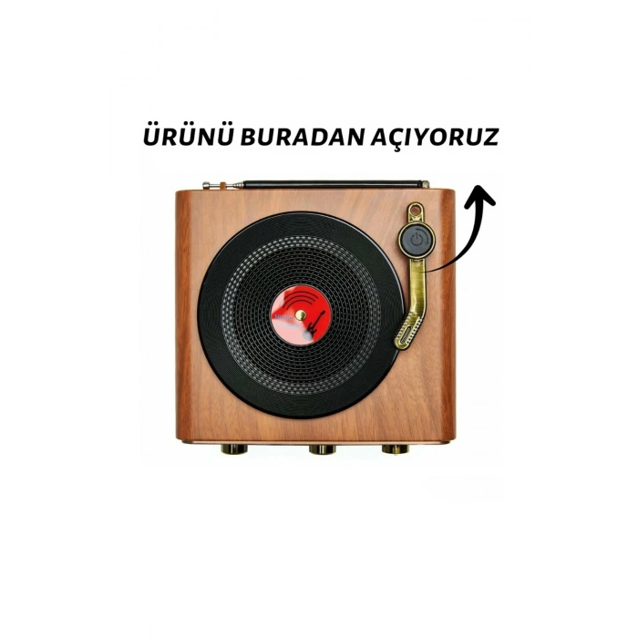 Nostaljik Tasarım Plak Çalar Görünümlü Radyolu Bluetooth Hoparlör Retro Müzik Plak Açık Kahverengi