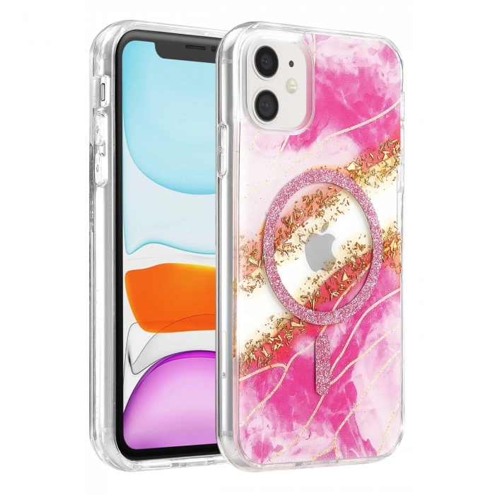 Onegif Apple İphone 11 Lotus Simli Magsafe Kapak - Pembe