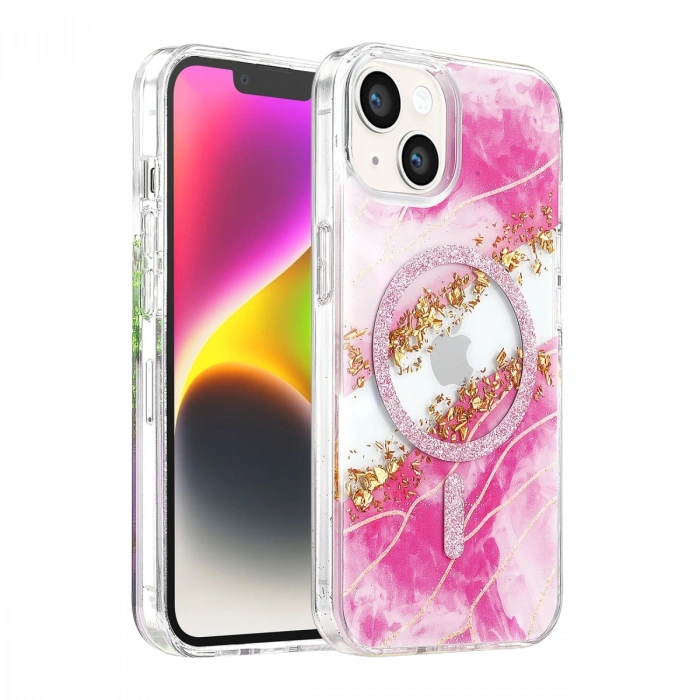 Onegif Apple İphone 14 Lotus Simli Magsafe Kapak - Pembe