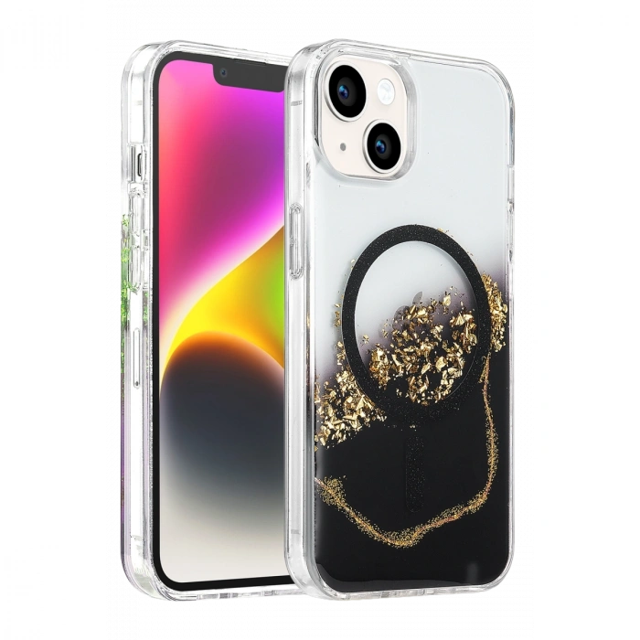 Onegif Apple İphone 14 Lotus Simli Magsafe Kapak - Siyah