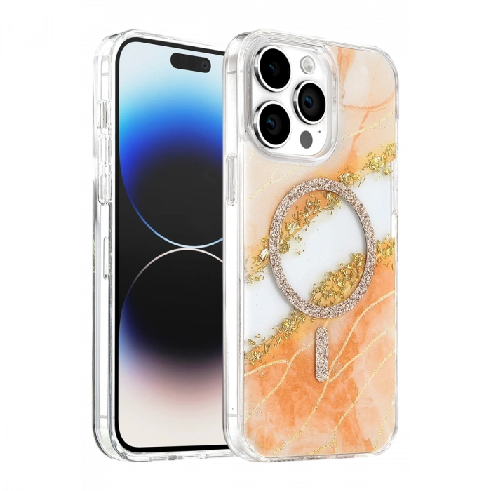 Onegif Apple İphone 14 Pro Max Lotus Simli Magsafe Kapak - Turuncu