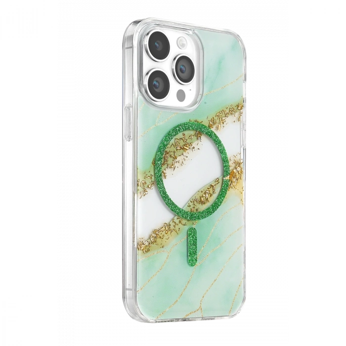 Onegif Apple İphone 14 Pro Max Lotus Simli Magsafe Kapak - Yeşil