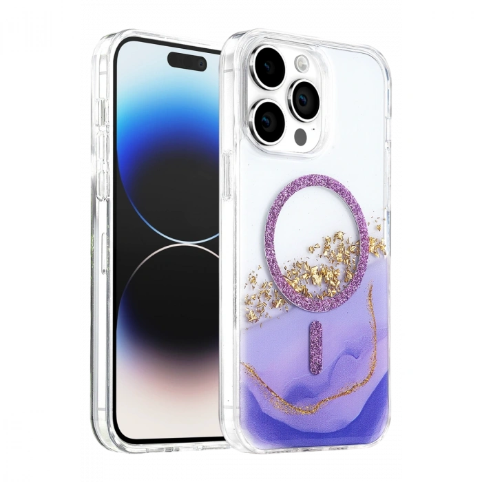 Onegif Apple İphone 15 Pro Max Lotus Simli Magsafe Kapak - Mor