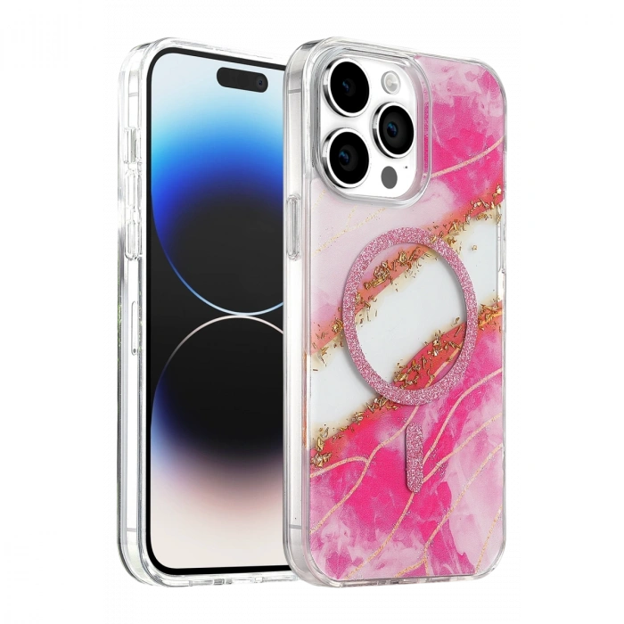 Onegif Apple İphone 15 Pro Max Lotus Simli Magsafe Kapak - Pembe