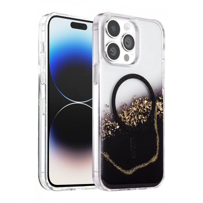 Onegif Apple İphone 15 Pro Max Lotus Simli Magsafe Kapak - Siyah