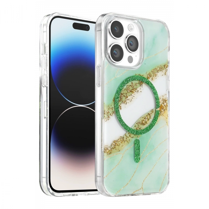 Onegif Apple İphone 15 Pro Max Lotus Simli Magsafe Kapak - Yeşil