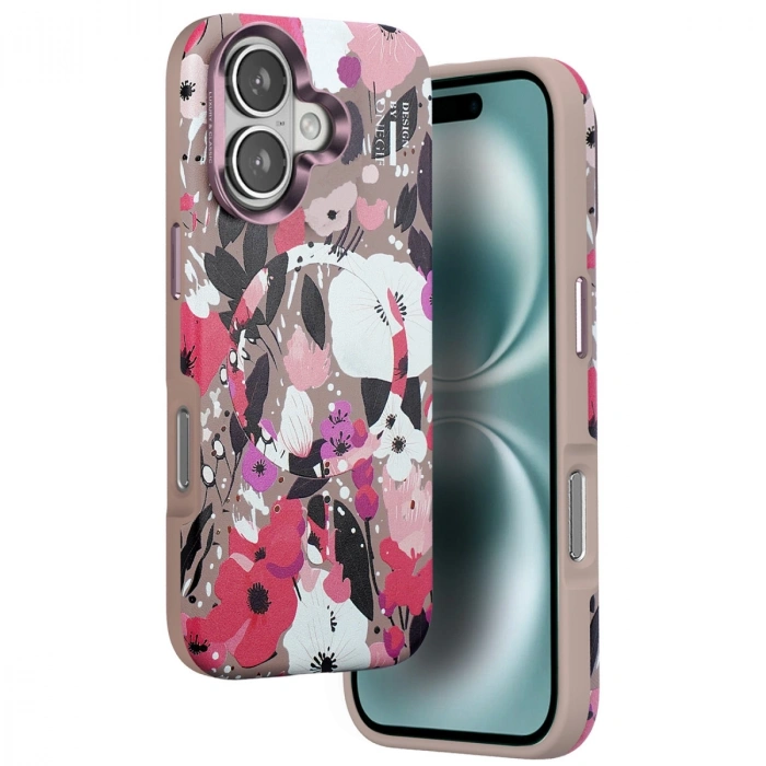 Onegif Apple İphone 16 Flower Series Magsafe Kapak - Pembe