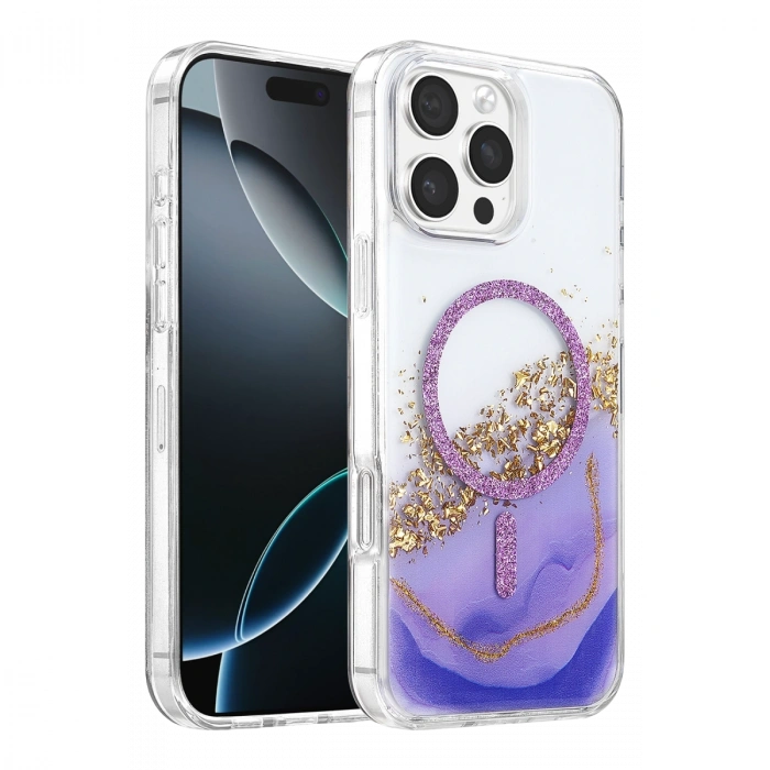 Onegif Apple İphone 16 Pro Max Lotus Simli Magsafe Kapak - Mor