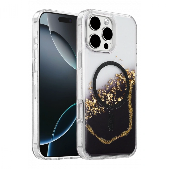 Onegif Apple İphone 16 Pro Max Lotus Simli Magsafe Kapak - Siyah