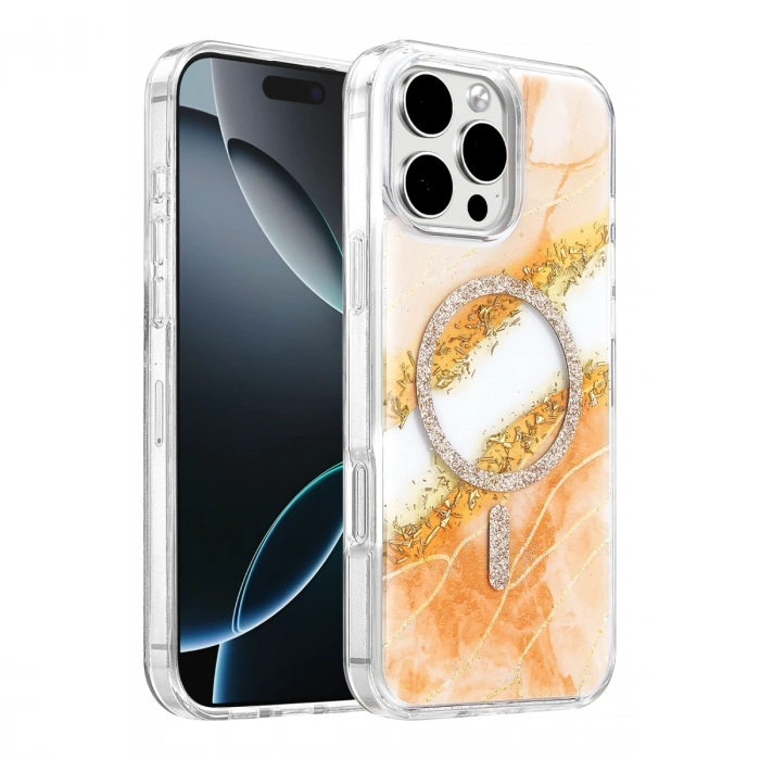 Onegif Apple İphone 16 Pro Max Lotus Simli Magsafe Kapak - Turuncu