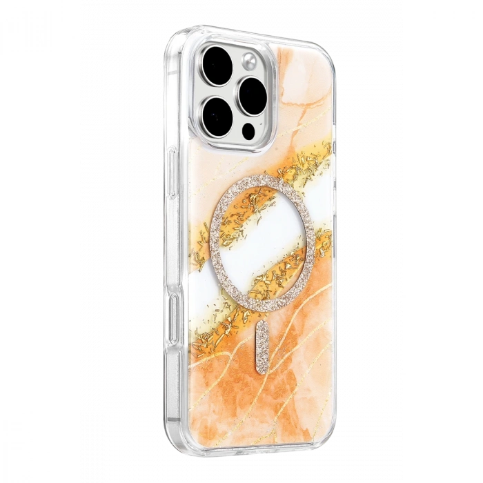 Onegif Apple İphone 16 Pro Max Lotus Simli Magsafe Kapak - Turuncu