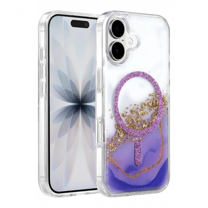 Onegif Apple İphone 17 Lotus Simli Magsafe Kapak - Mor