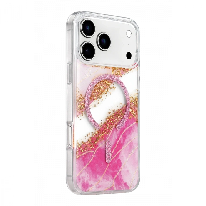 Onegif Apple İphone 17 Pro Lotus Simli Magsafe Kapak - Pembe