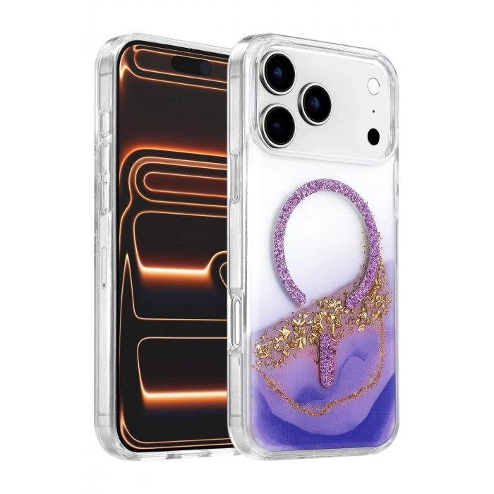 Onegif Apple İphone 17 Pro Max Lotus Simli Magsafe Kapak - Mor