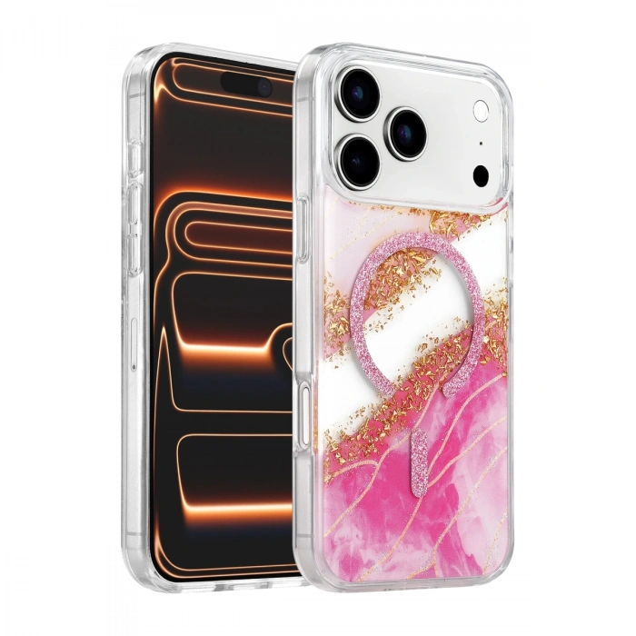 Onegif Apple İphone 17 Pro Max Lotus Simli Magsafe Kapak - Pembe