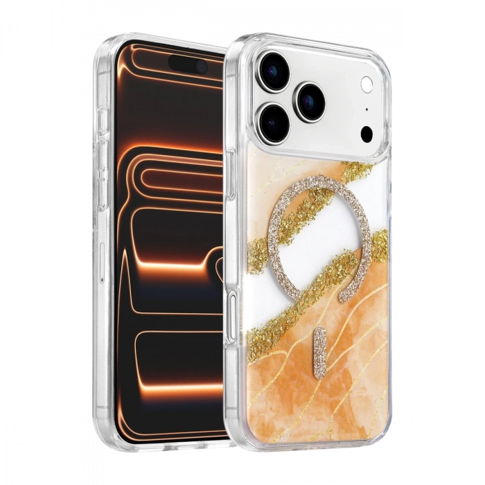 Onegif Apple İphone 17 Pro Max Lotus Simli Magsafe Kapak - Turuncu